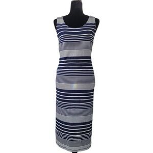 Anthropologie Maeve Edisto Column Dress midi navy white stripes knit texture L
